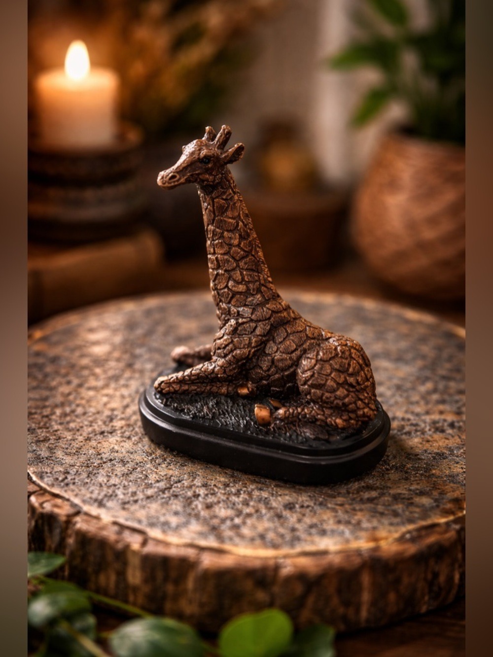 Vintage Bronze Giraffe Sculpture • Textured Figurine Black Base • Retro Safari